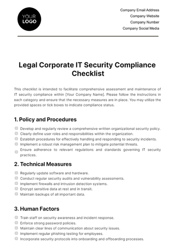 Free Legal Corporate IT Security Compliance Checklist Template to Edit Online