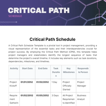 Free Critical Path Schedule Template to Edit Online