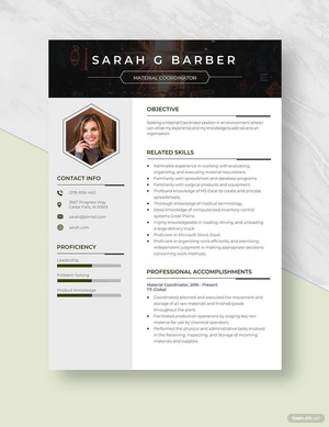 Material Coordinator Resume
