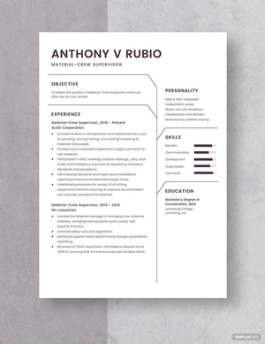 Material Crew Supervisor Resume