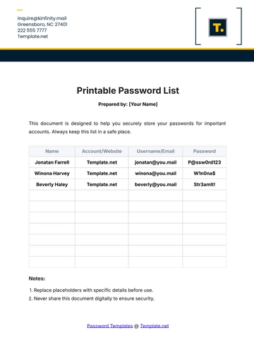 Free Printable Password List Template to Edit Online