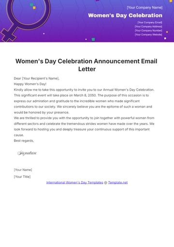 Free Women's Day Celebration Announcement Email Letter Template to Edit Online