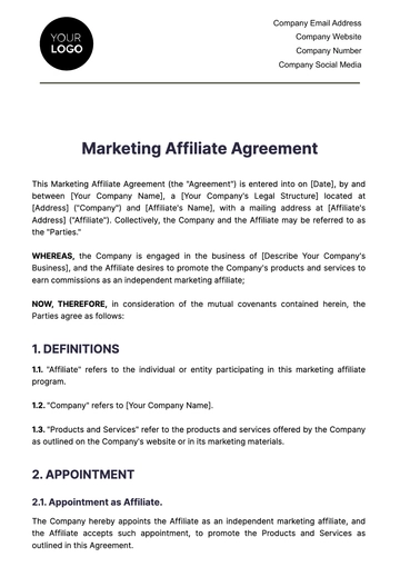 Free Marketing Affiliate Agreement Template to Edit Online