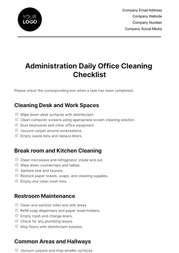 Free Administration Daily Office Cleaning Checklist Template to Edit Online