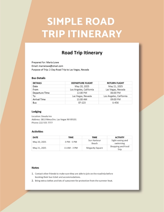 Simple Road Trip Itinerary Template