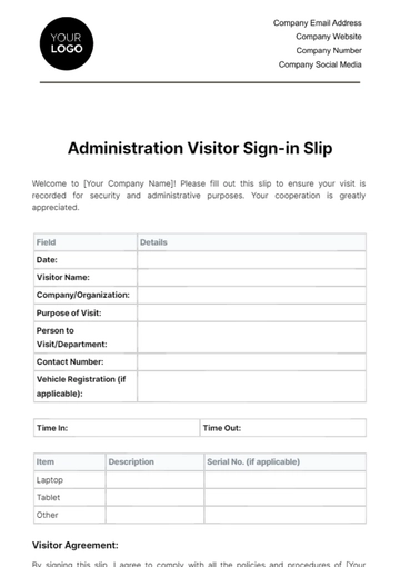 Free Administration Visitor Sign-in Slip Template to Edit Online