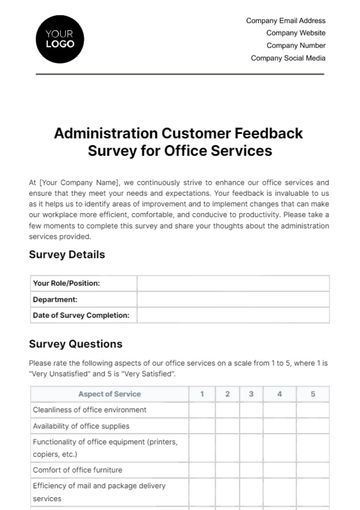 Free Administration Customer Feedback Survey for Office Services Template to Edit Online Free Administration Customer Feedback Survey for Office Services Template to Edit Online