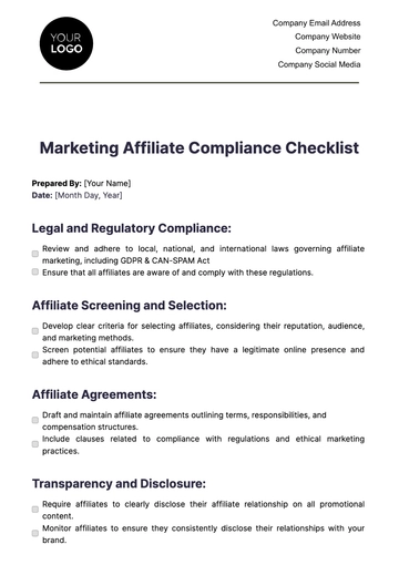 Free Marketing Affiliate Compliance Checklist Template to Edit Online