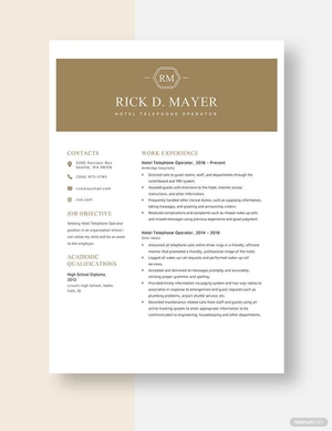 Hotel Telephone Operator Resume