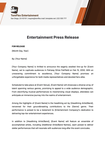 Free Entertainment Press Release Template to Edit Online