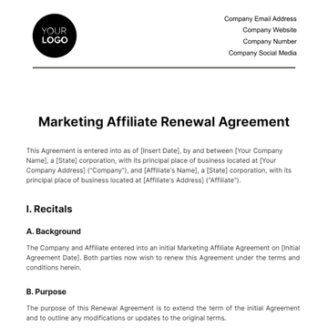 Free Marketing Affiliate Renewal Agreement Template to Edit Online