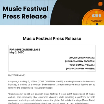 Free Music Festival Press Release Template to Edit Online