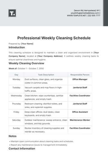Free Professional Weekly Cleaning Schedule Template to Edit Online