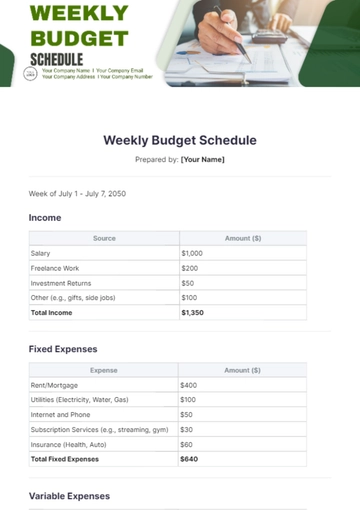 Free Weekly Budget Schedule Template to Edit Online