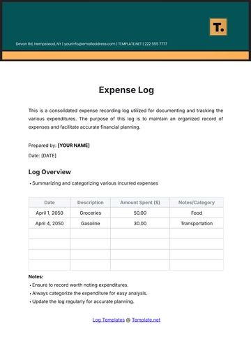Free Expense Log Template to Edit Online