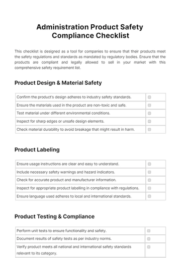 Free Administration Product Safety Compliance Checklist Template to Edit Online
