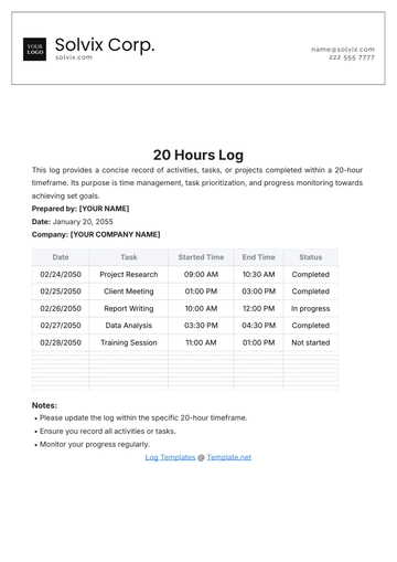 Free 20 Hours Log Template to Edit Online