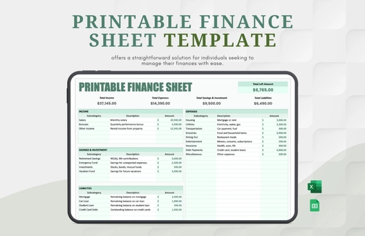 Printable Finance Sheet Template
