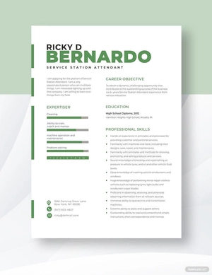 Service Station Attendant Resume
