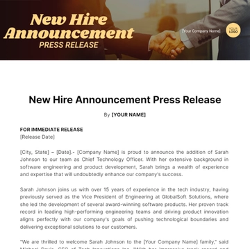 Free New Hire Announcement Press Release Template to Edit Online