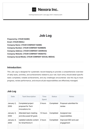 Free Job Log Template to Edit Online