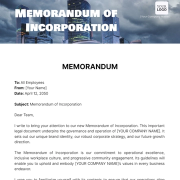 Free Memorandum of Incorporation to Edit Online