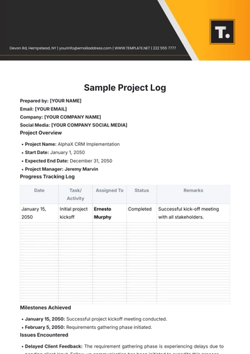 Free Sample Project Log Template to Edit Online