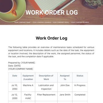 Free Work Order Log Template to Edit Online