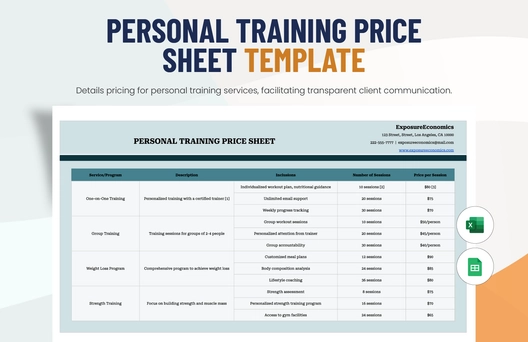 Personal Training Price Sheet Template