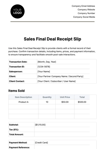 Free Sales Final Deal Receipt Slip Template to Edit Online