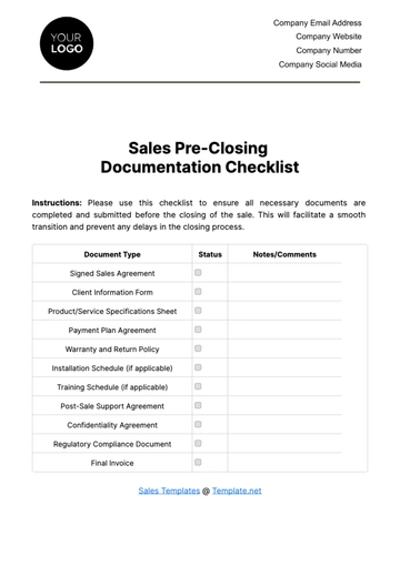 Free Sales Pre-Closing Documentation Checklist Template to Edit Online