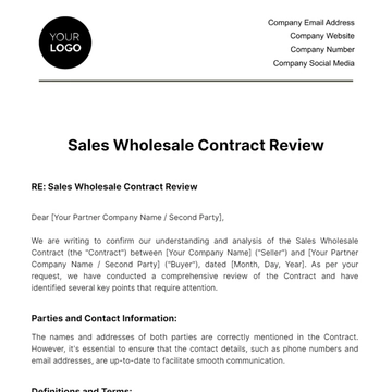 Free Sales Wholesale Contract Review Template to Edit Online