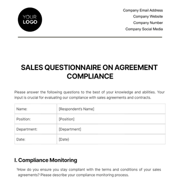 Free Sales Questionnaire on Agreement Compliance Template to Edit Online