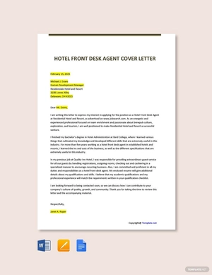 Hotel Front Desk Agent Cover Letter Template