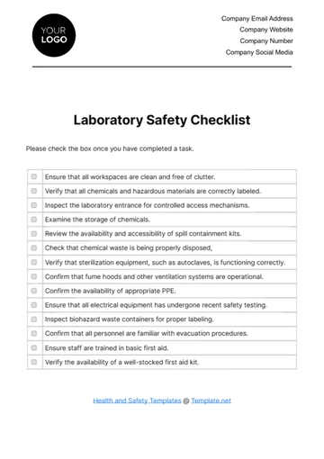 Free Laboratory Safety Checklist Template to Edit Online
