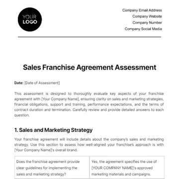 Free Sales Franchise Agreement Assessment Template to Edit Online