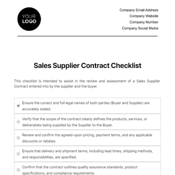 Free Sales Supplier Contract Checklist Template to Edit Online