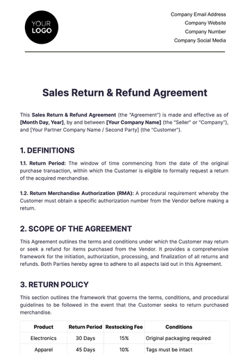 Free Sales Return & Refund Agreement Template to Edit Online