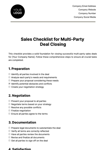Free Sales Checklist for Multi-Party Deal Closing Template to Edit Online