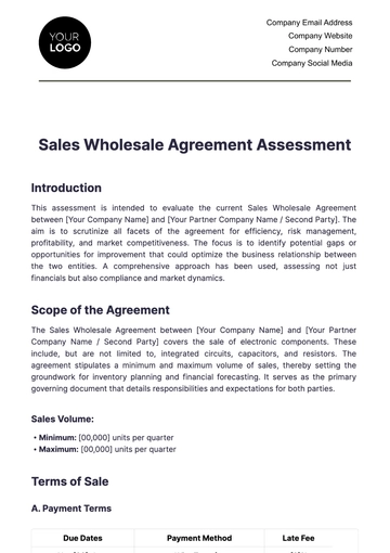 Free Sales Wholesale Agreement Assessment Template to Edit Online