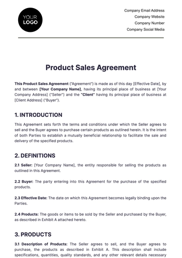 Free Sales Product Sales Agreement Template to Edit Online