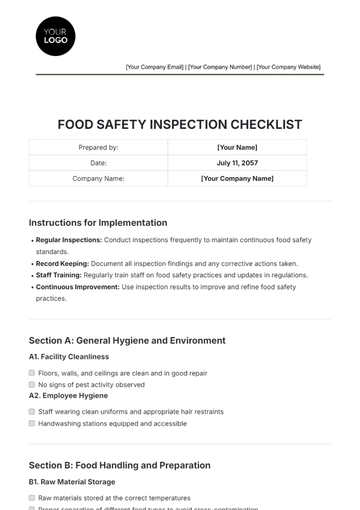 Free Food Safety Inspection Checklist Template to Edit Online