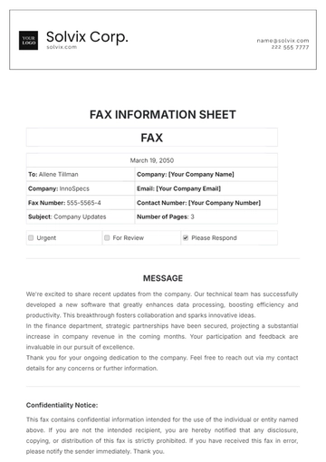 Free Fax Information Sheet Template to Edit Online