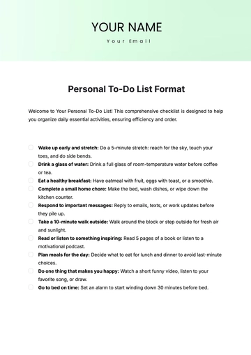 Free Personal To Do List Format Template to Edit Online | Template.net
