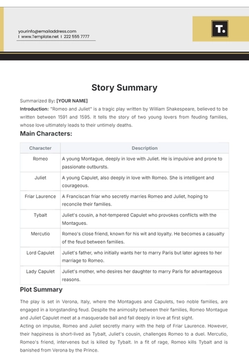 Free Story Summary Template to Edit Online