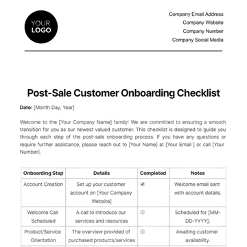 Free Post-Sale Customer Onboarding Checklist Template to Edit Online