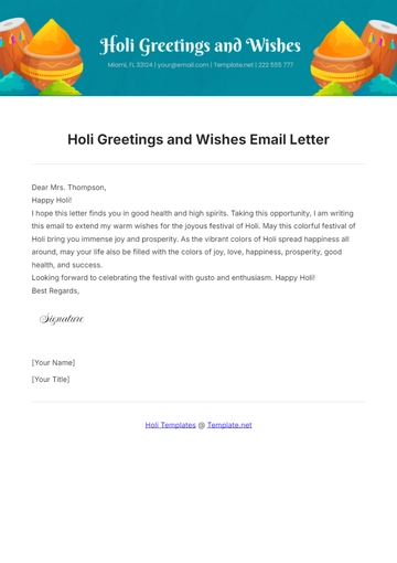 Free Holi Greetings and Wishes Email Letter Template to Edit Online