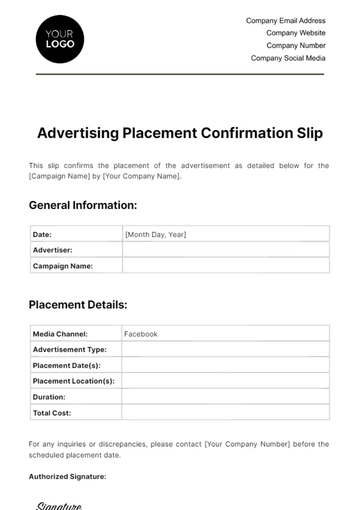 Free Advertising Placement Confirmation Slip Template to Edit Online
