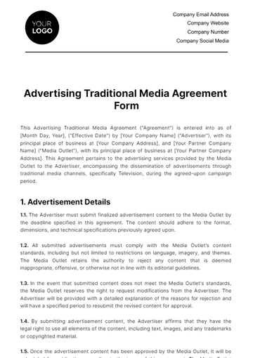 Free Advertising Traditional Media Agreement Form Template to Edit Online