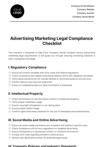 Free Advertising Marketing Legal Compliance Checklist Template to Edit Online
